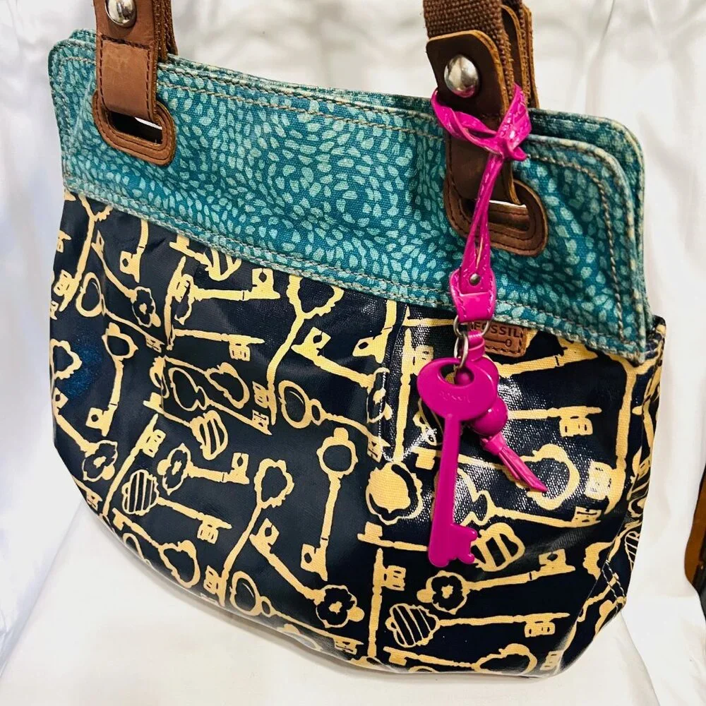 Fossil Key-Per Shoulder/Tote Purse-Teal/Navy Shopper-14